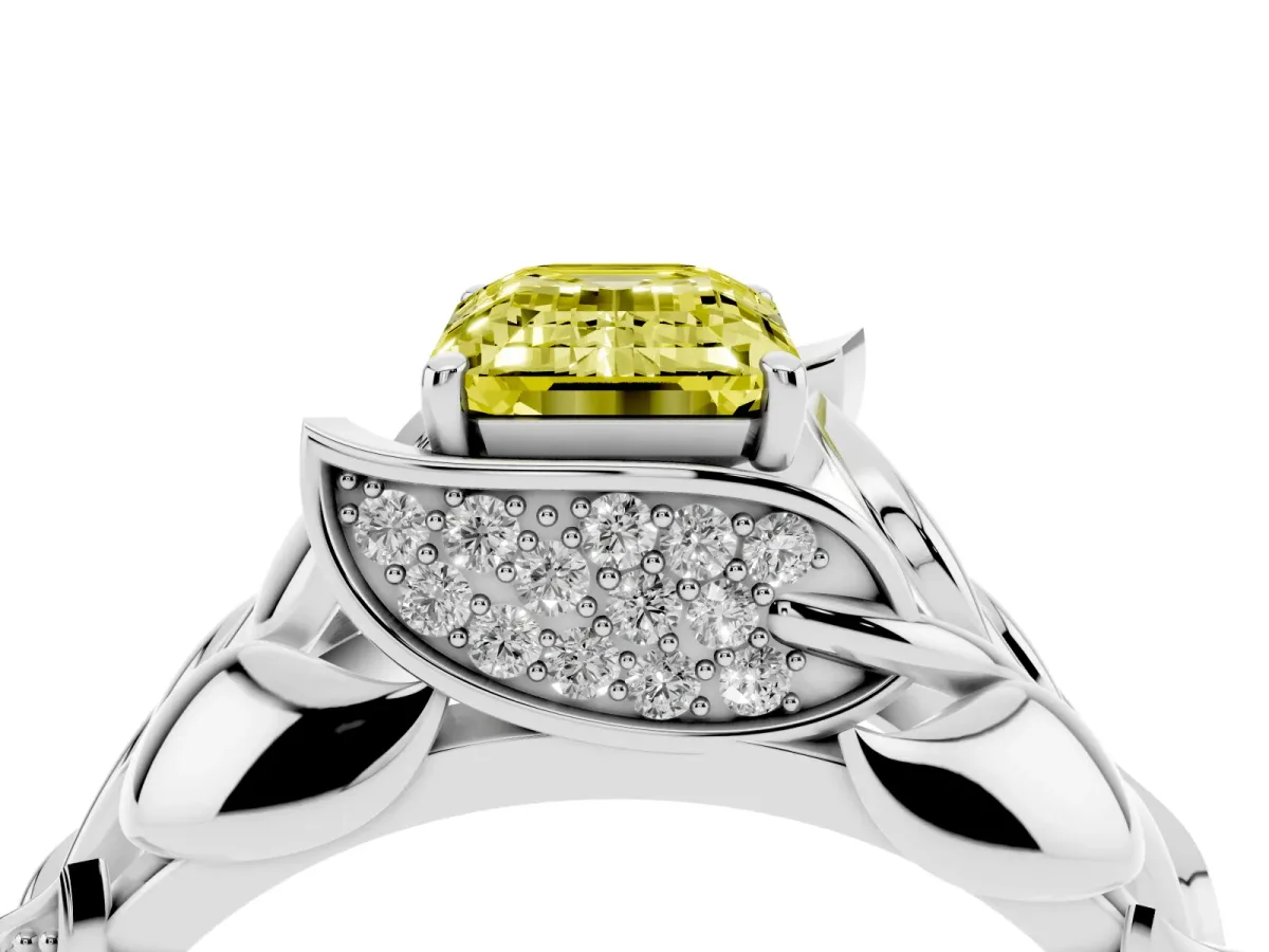 Fancy Yellow Emerald Cut Diamond Leaf-Inspired Engagement Ring with Round Accents and Prong Setting Platinum