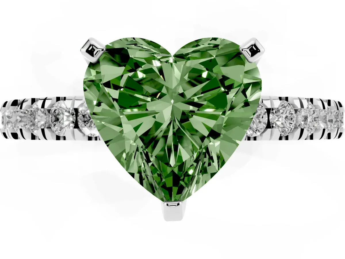 Fancy Green Heart Cut Solitaire Diamond with Pavé Band and Four-Prong Setting White gold