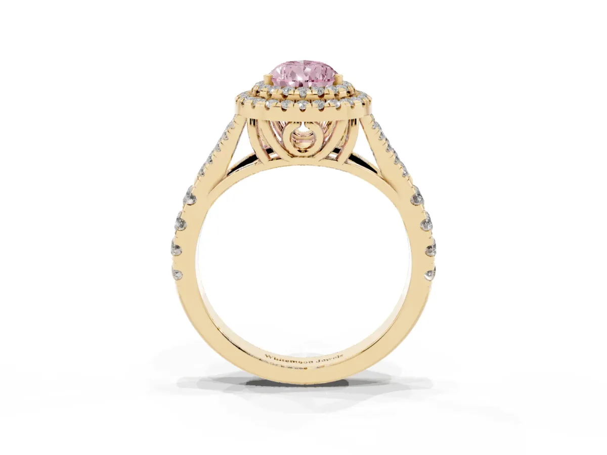 Fancy Pink Pear Cut Diamond Pavé Split Shank Double Halo Engagement Ring Yellow gold