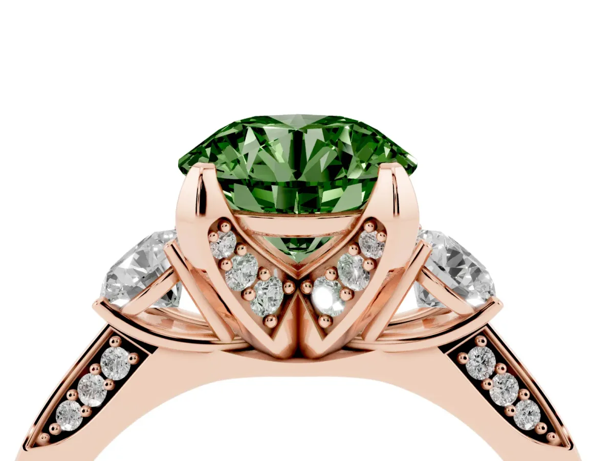 Fancy Green Round Cut Brilliant Three-Stone Diamond Ring with Pavé Band and Four-Prong Setting Rose gold