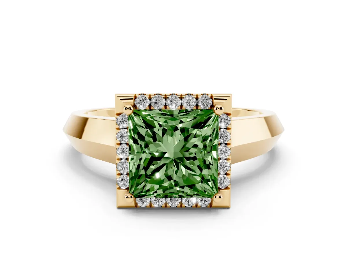 Fancy Green Princess Cut Halo Diamond Ring with Cathedral Band and Four-Prong Setting Yellow gold