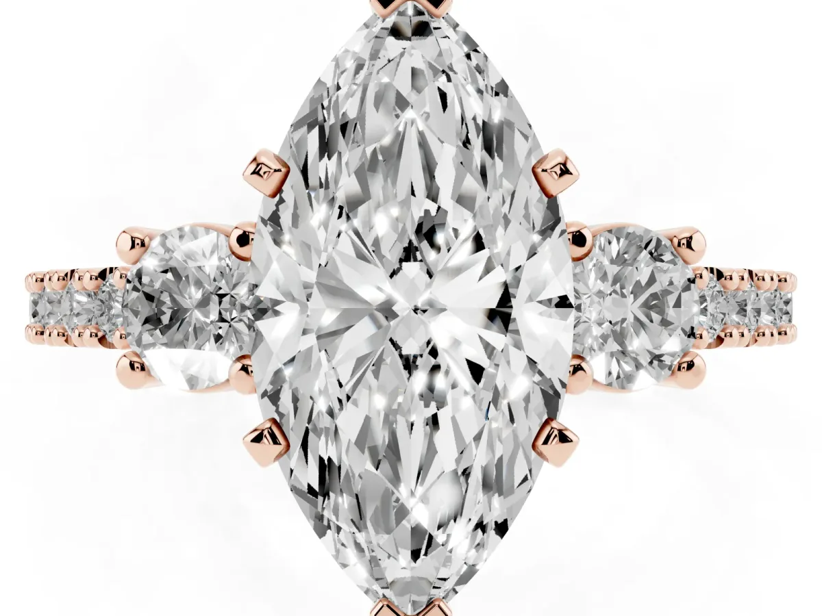 Marquise Cut Three-Stone Diamond Pavé Band with Prong Setting Rose gold