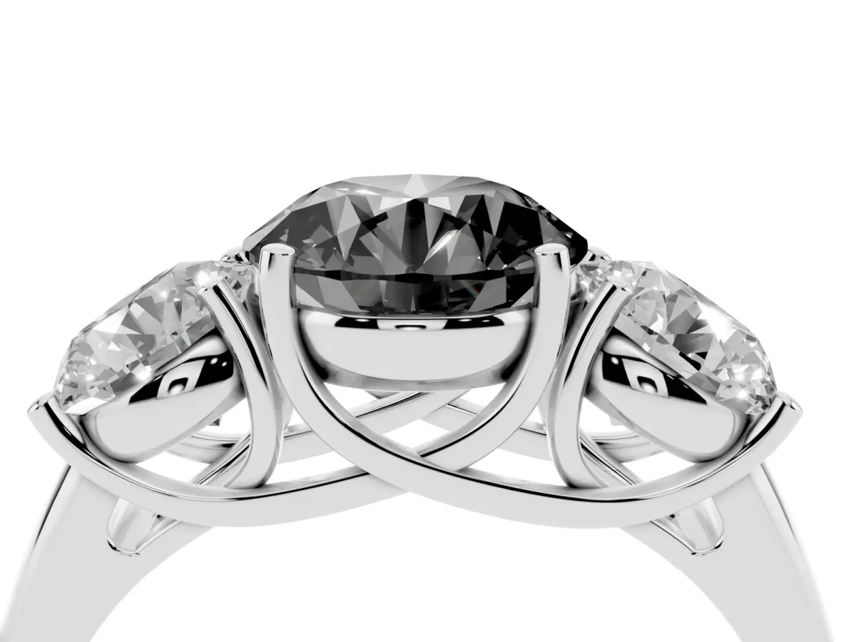 Fancy Black Three-Stone Round Cut Diamond Engagement Ring with Prong Setting Silver