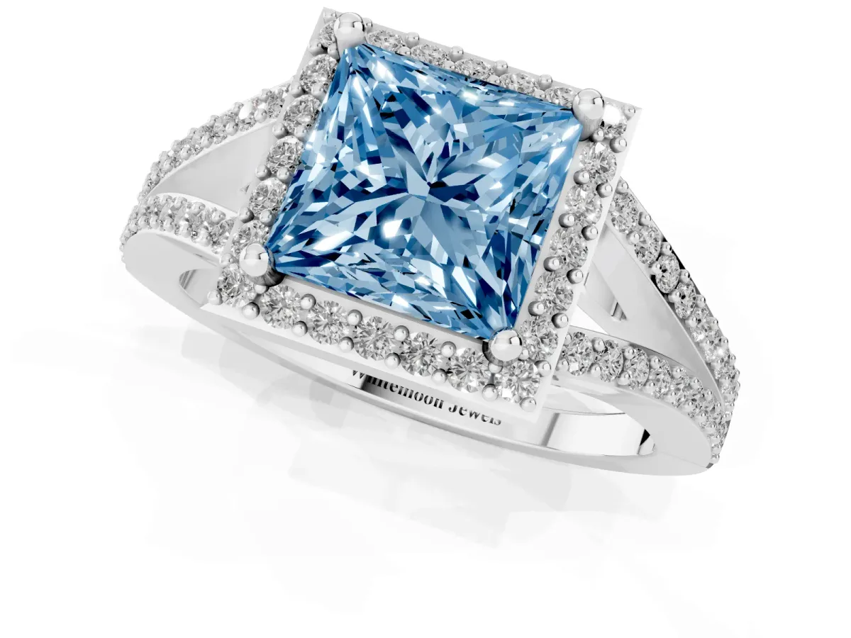Fancy Blue Princess Cut Halo Split Shank Diamond Ring with Prong Setting Silver