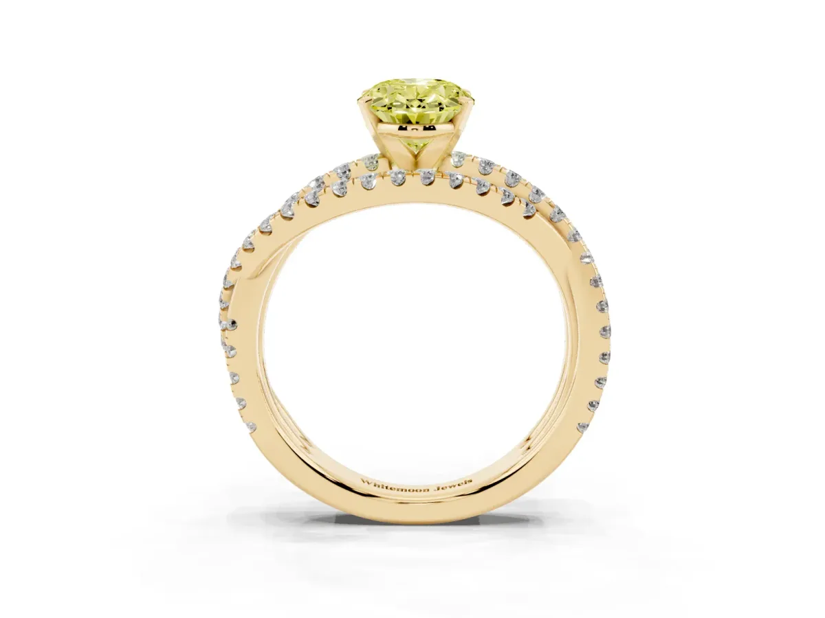 Fancy Yellow Oval Cut Solitaire Twist Band with Pavé Setting and Four-Prong Setting Yellow gold