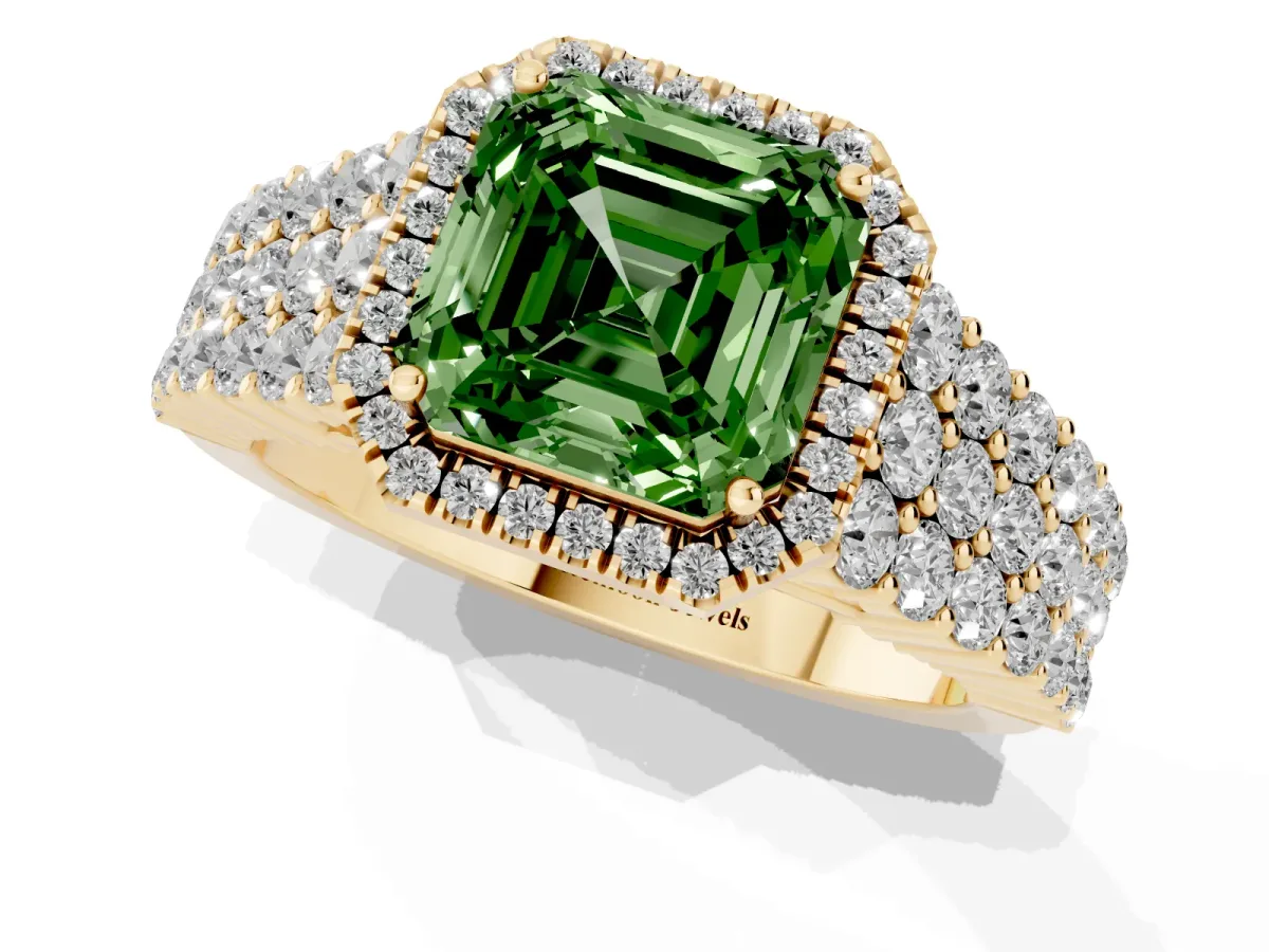 Fancy Green Asscher Cut Diamond Halo Engagement Ring with Triple Row Round Pavé Band and Prong Setting Yellow gold