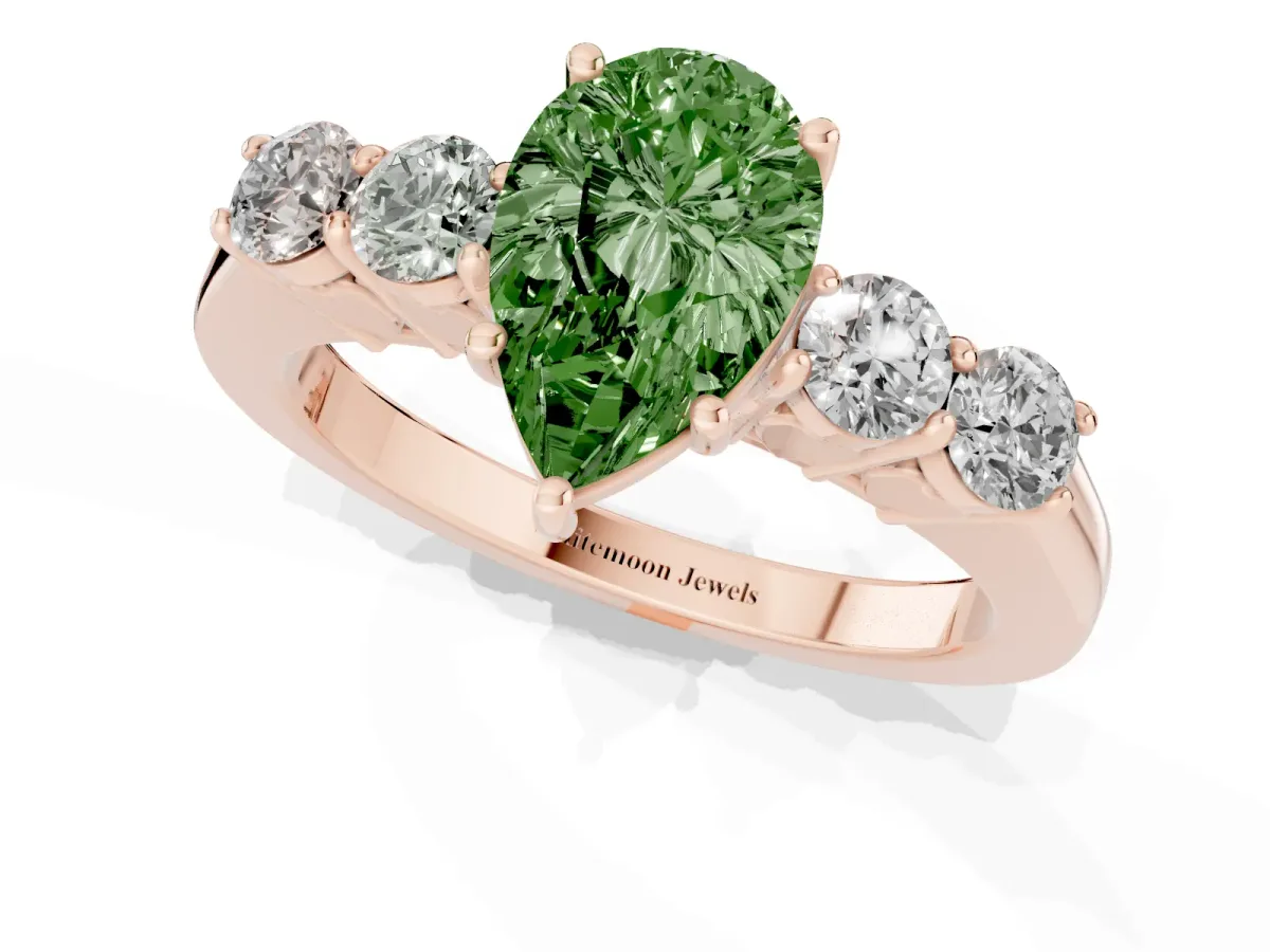 Fancy Green Pear Cut Cut Diamond Five-Stone Prong Set White Gold Ring Rose gold