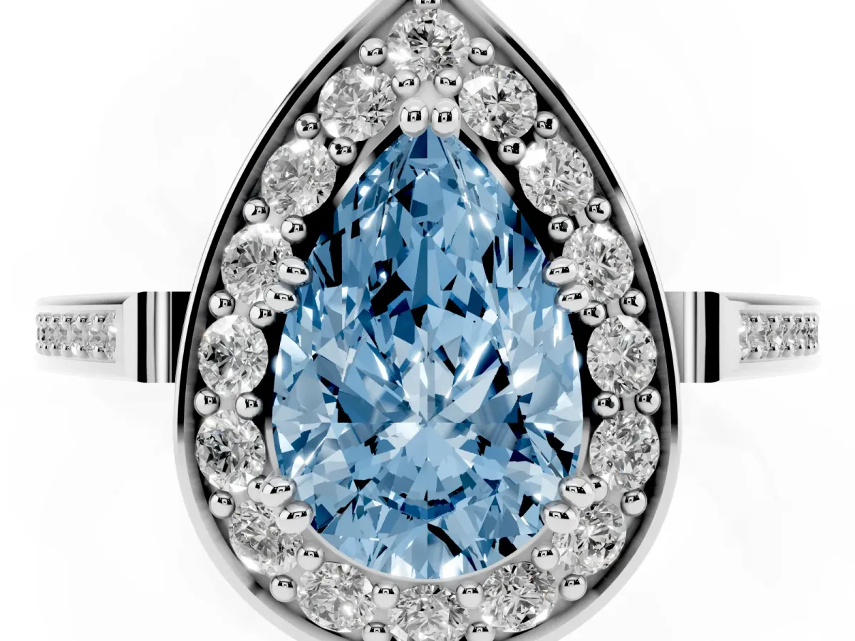 Fancy Blue Pear Cut Diamond Halo Ring with Split Shank and Four-Prong Setting Platinum
