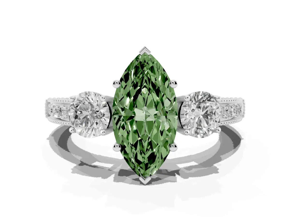 Fancy Green Marquise Cut Three-Stone Diamond Ring with Pavé Band and Four-Prong Setting Silver