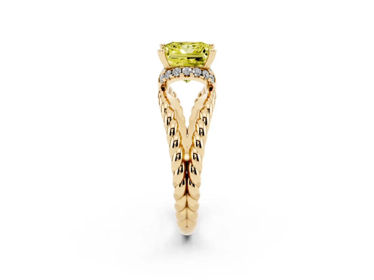 Fancy Yellow Princess Cut Halo Twisted Band Four-Prong Ring Yellow gold