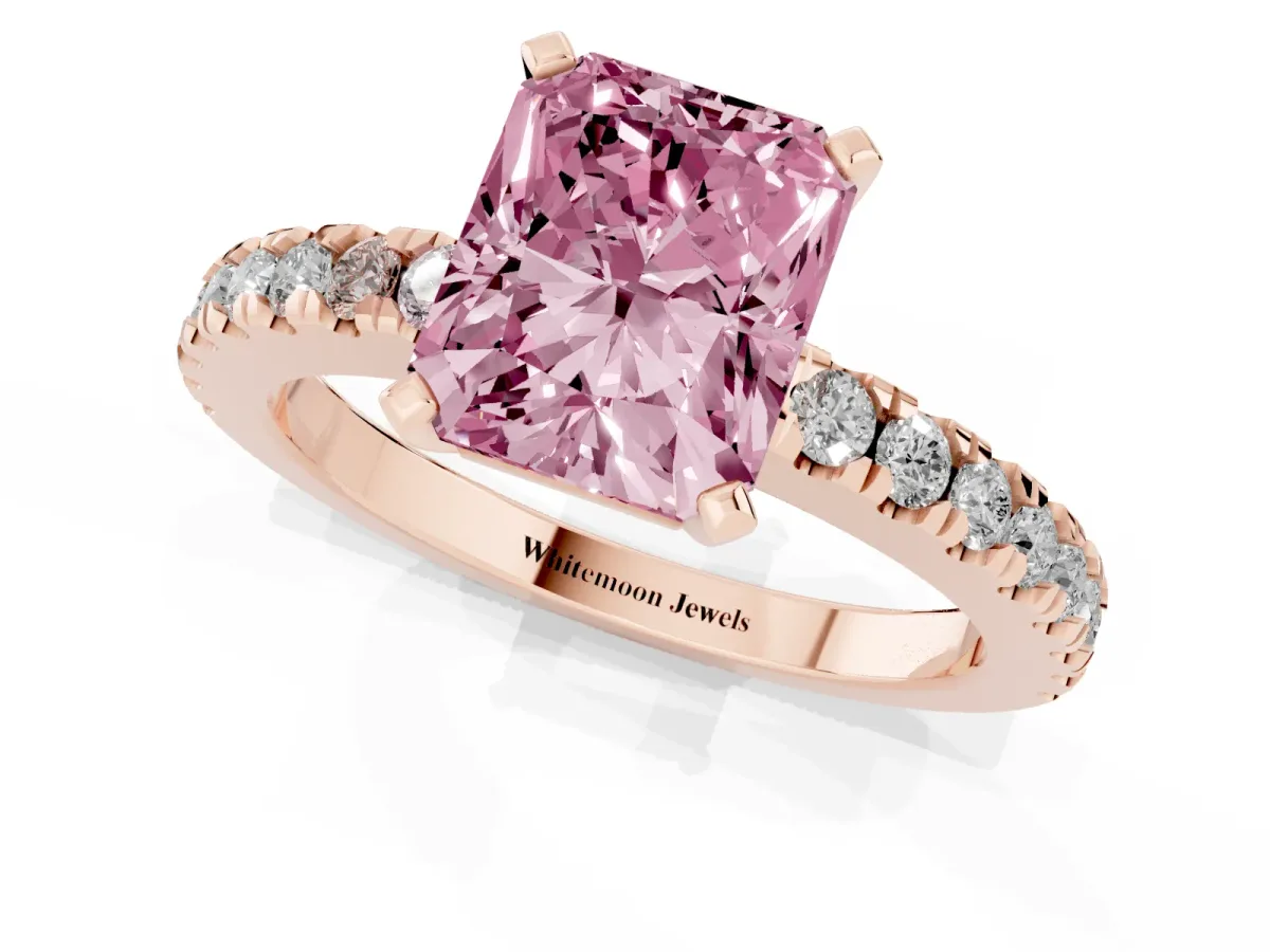 Fancy Pink Radiant Cut Solitaire Diamond with Pavé Band and Four-Prong Setting Rose gold