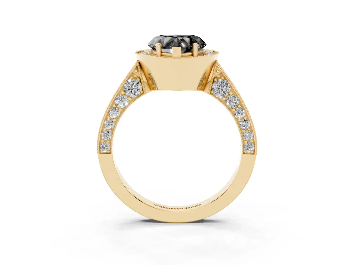 Fancy Black Heart Cut Halo Diamond Engagement Ring with Split Shank Band and Four-Prong Setting Yellow gold