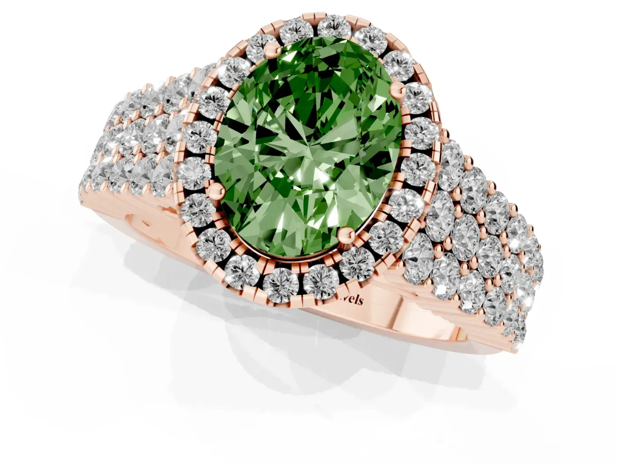 Fancy Green Oval Cut Diamond Halo Engagement Ring with Triple Row Round Pavé Band and Prong Setting Rose gold