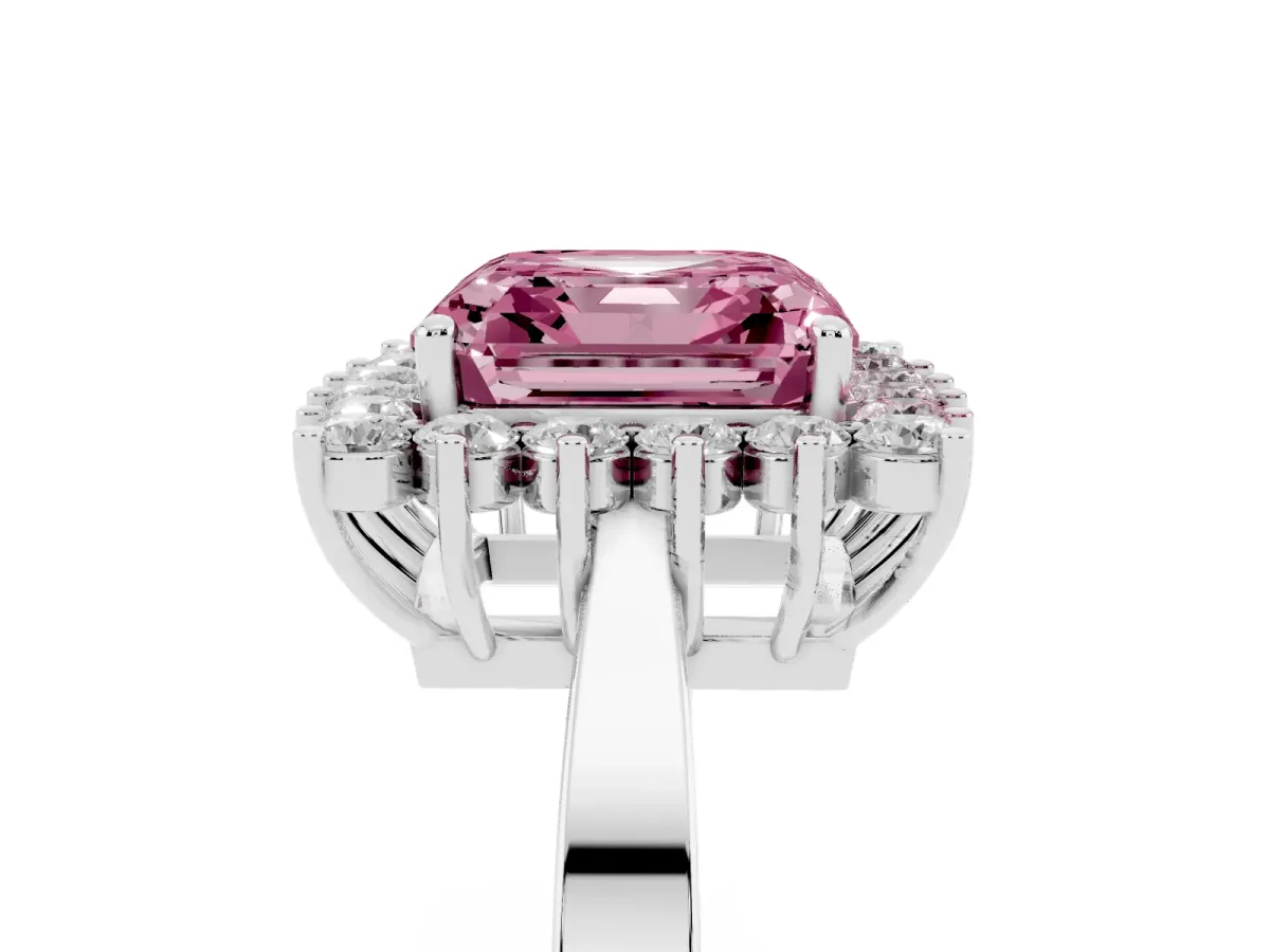 Fancy Pink Asscher Cut Cut Diamond Halo Ring with Round Brilliant Halo and Solitaire Band Platinum