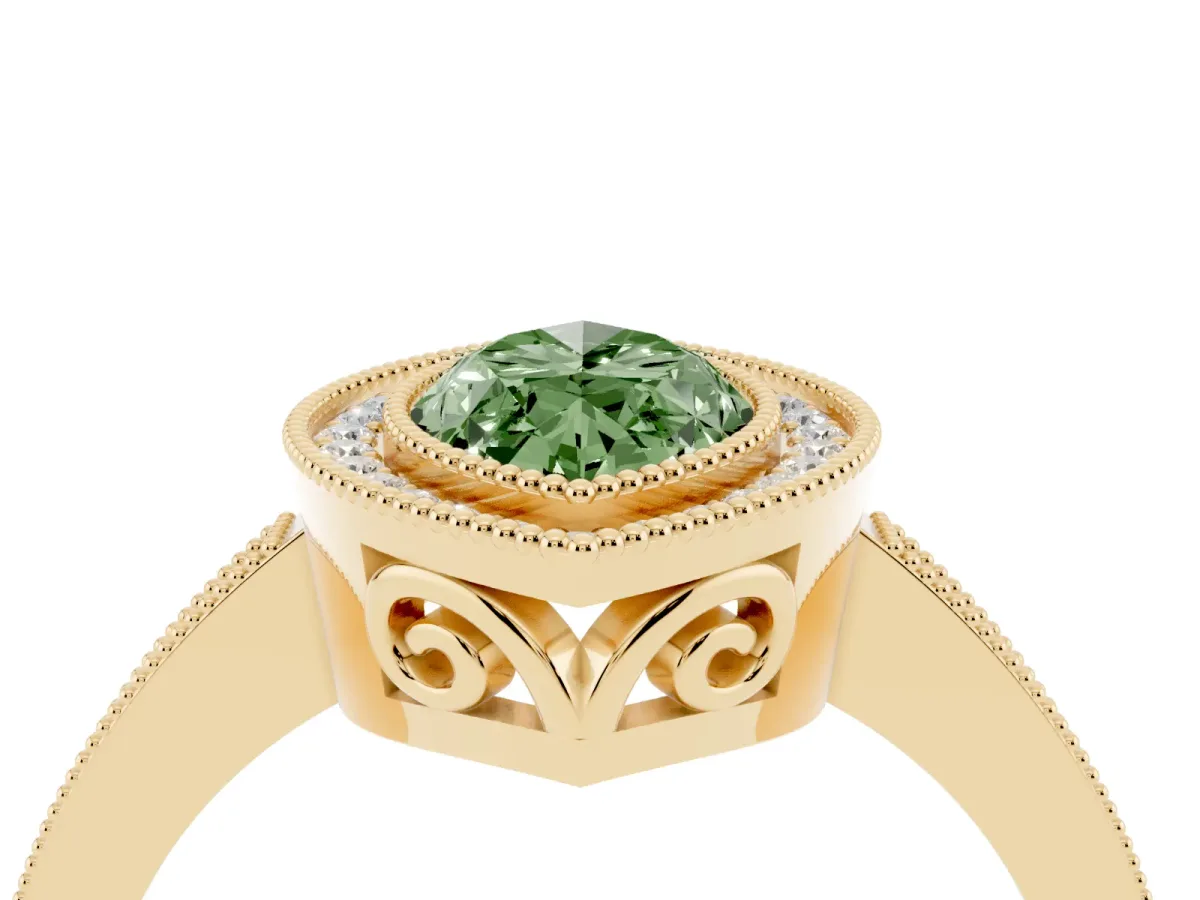 Fancy Green Marquise Cut Cut Halo Diamond Ring with Pavé Band and Milgrain Prong Setting Yellow gold