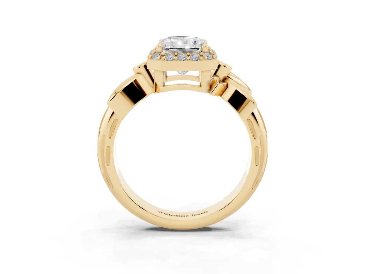 Radiant Cut Halo Diamond Floral Band with Four-Prong Setting Yellow gold