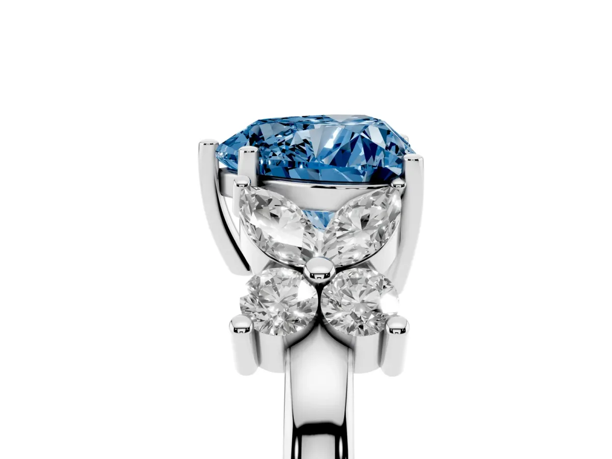 Fancy Blue Heart Cut Diamond Floral Cluster Ring with Solitaire Band and Prong Setting Platinum