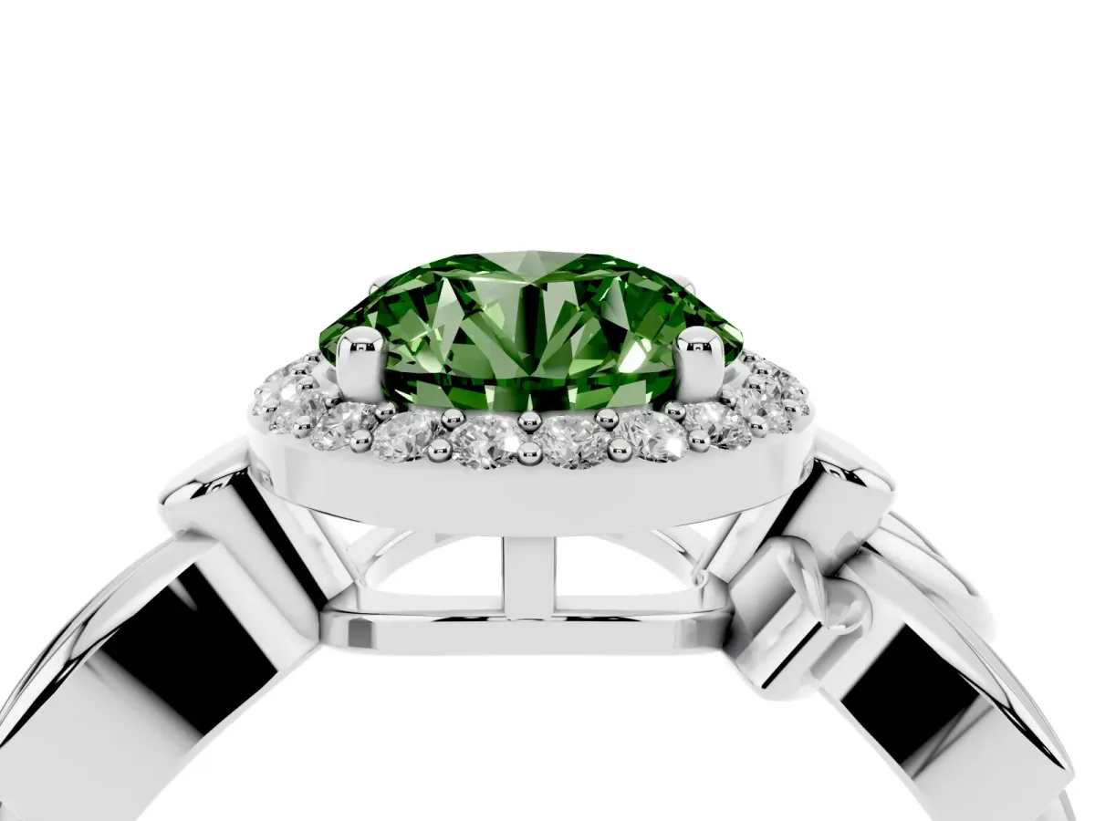 Fancy Green Round Cut Halo Diamond Floral Band with Four-Prong Setting Platinum
