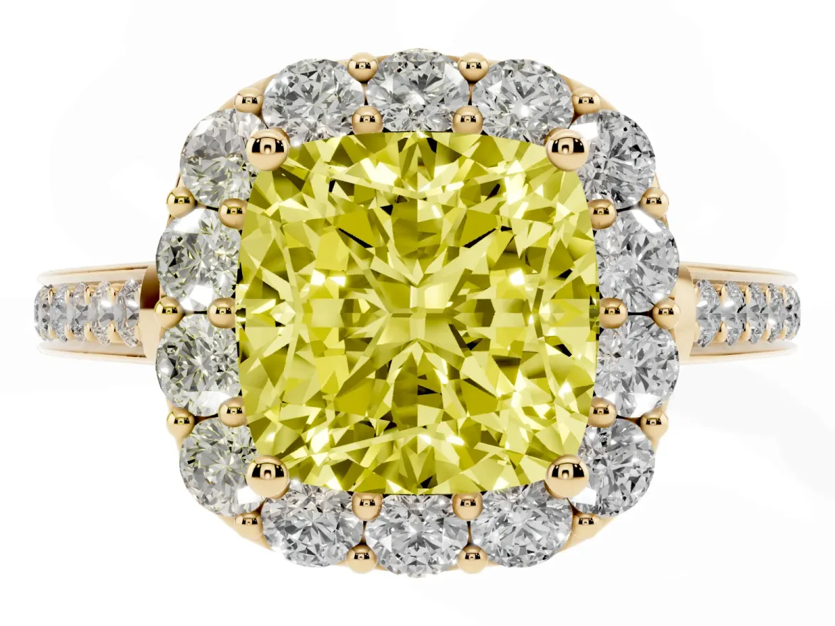 Fancy Yellow Cushion Cut Diamond Floral Halo Ring with Pavé Band and Prong Setting Yellow gold