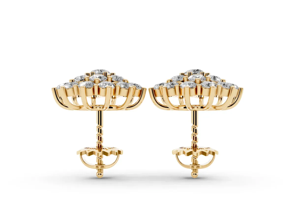 Cluster Diamond Round Stud Earrings with Basket Setting Yellow gold