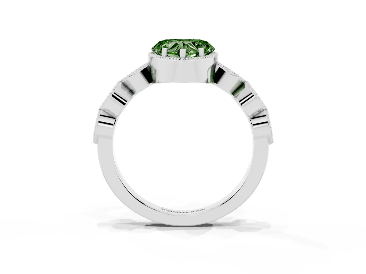 Fancy Green Heart Cut Diamond Vintage Milgrain Ring with Round Stations Silver