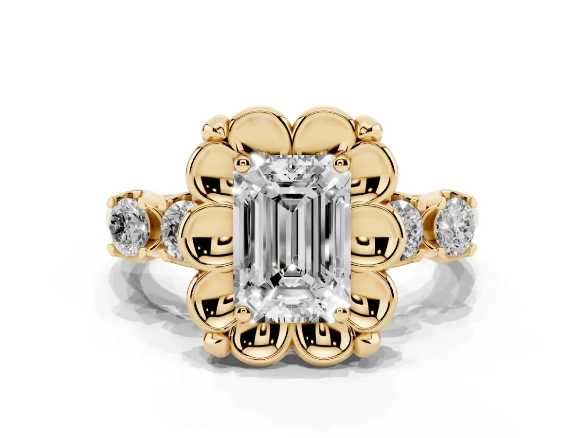 Emerald Cut Cut Diamond Floral Halo Engagement Ring with Shared Prong Setting Yellow gold