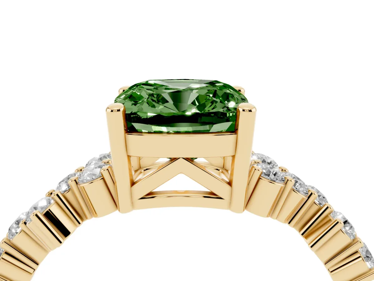 Fancy Green Cushion Cut Diamond Scattered Round Accent Ring with Prong Setting Yellow gold