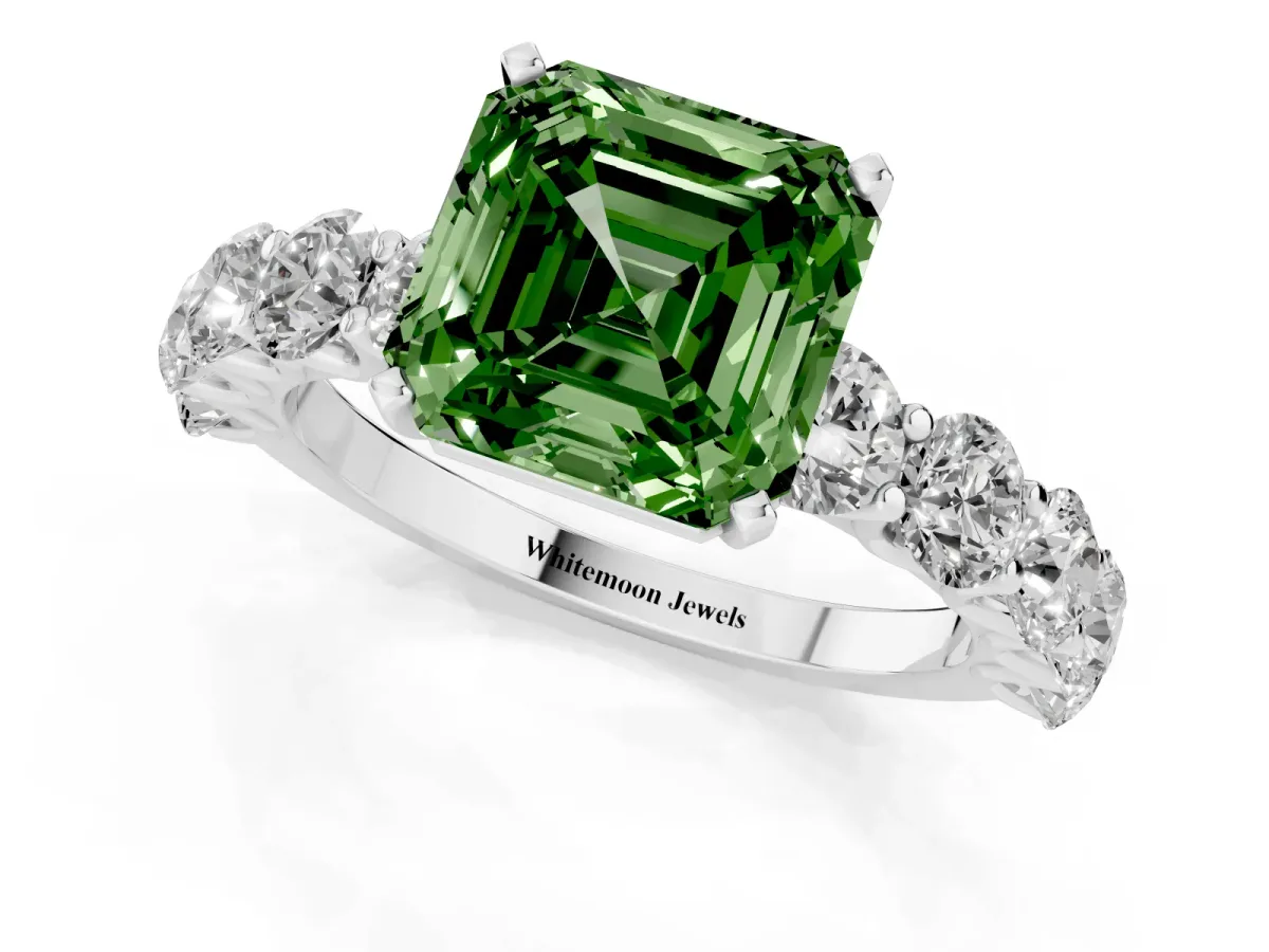 Fancy Green Asscher Cut Diamond Prong Setting with Side Stones on a Pave Band Silver