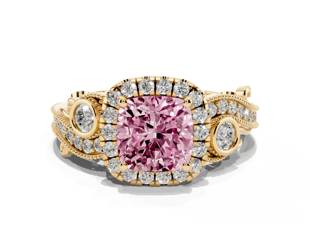 Fancy Pink Cushion Cut Halo Diamond Ring with Milgrain and Bezel Accents on a Split Shank Band Yellow gold