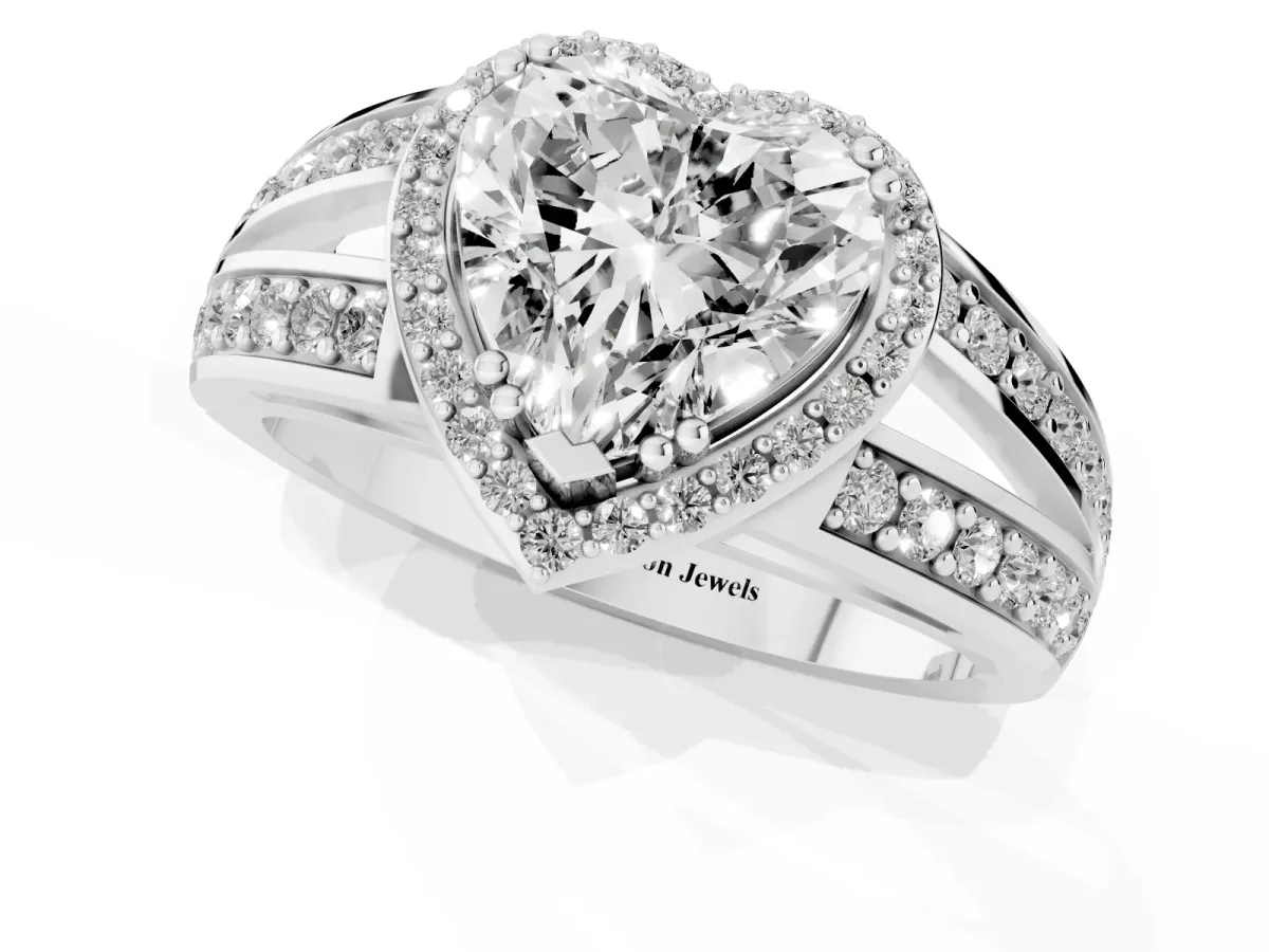 Heart Cut Diamond Halo Ring with Split Shank Pavé Band and Four-Prong Setting White gold