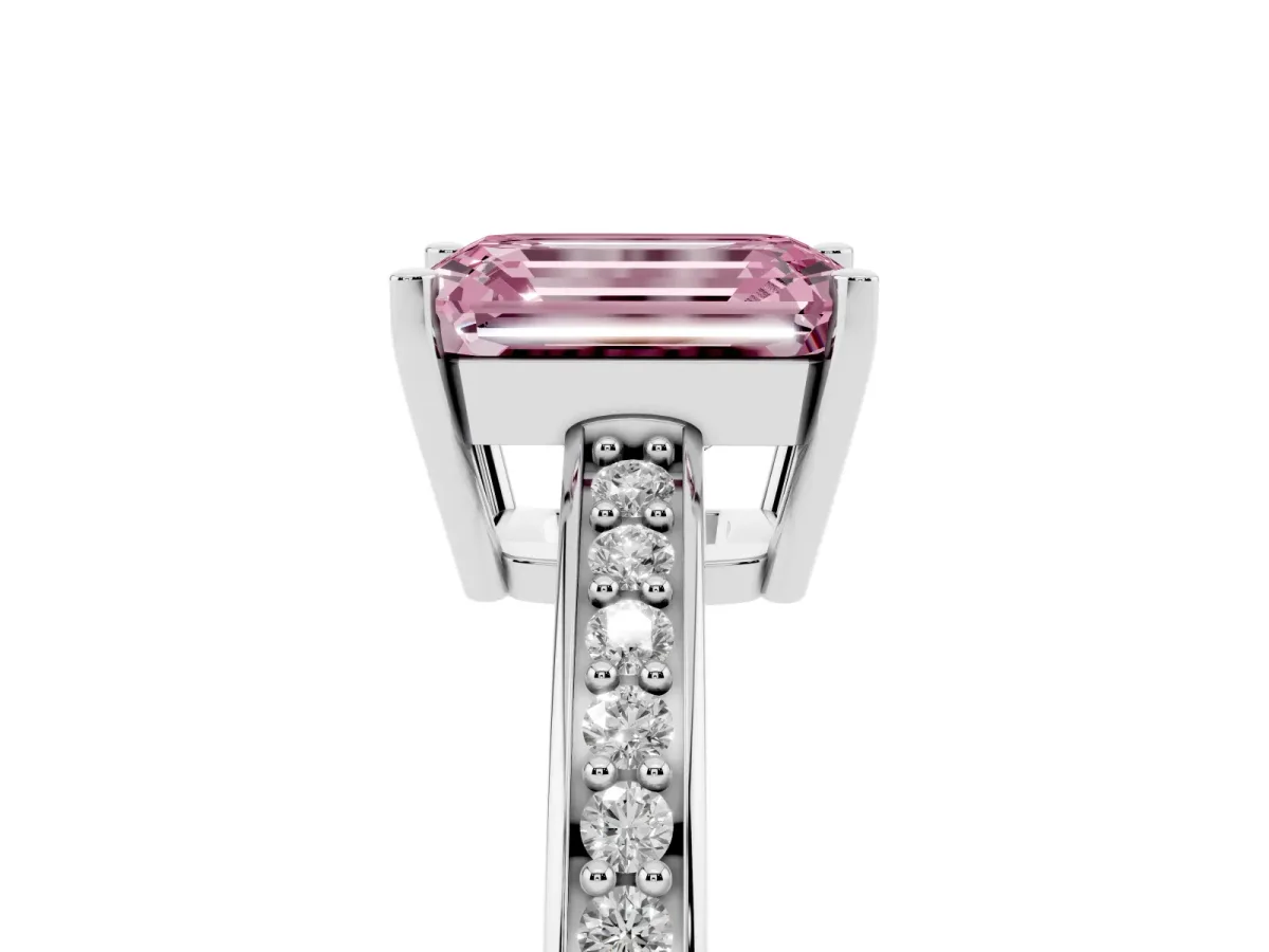 Fancy Pink Emerald Cut Solitaire Pavé Band Prong Setting Ring Silver