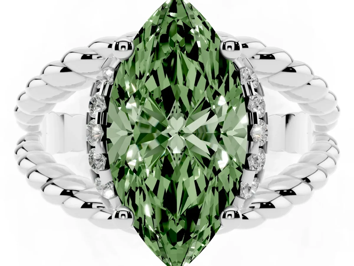 Fancy Green Marquise Cut Halo Twisted Band Four-Prong Ring Silver
