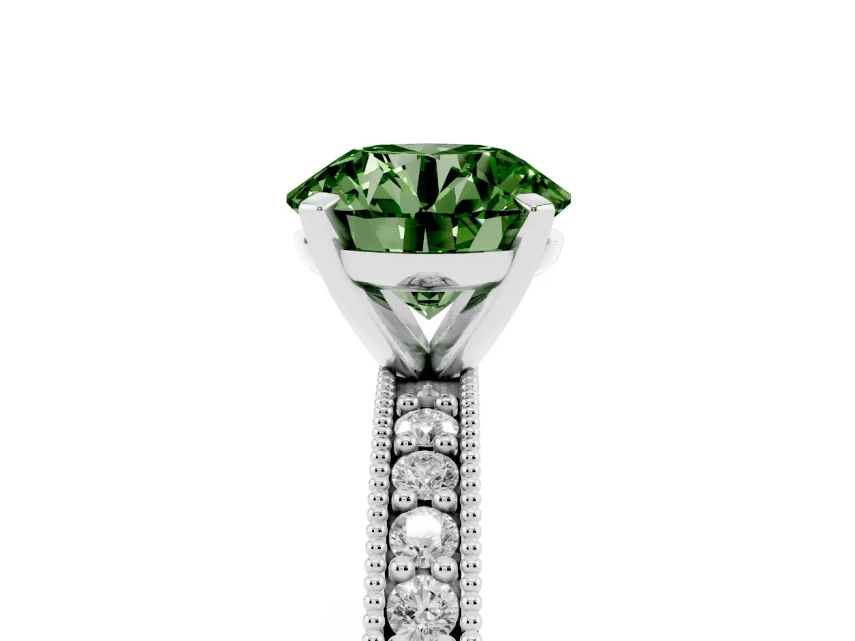 Fancy Green Round Cut Diamond Milgrain Pavé Engagement Ring with Four-Prong Setting Platinum