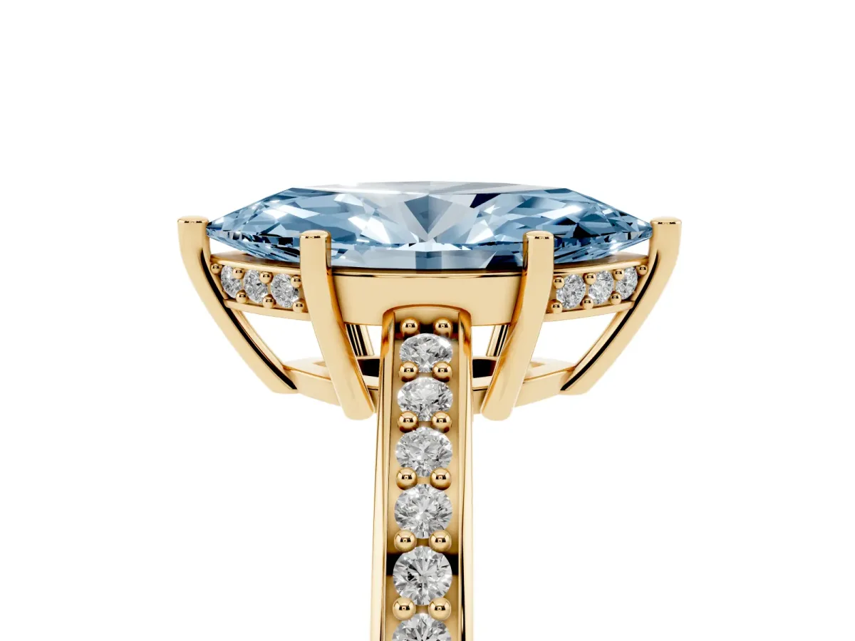 Fancy Blue Marquise Cut Solitaire Pavé Band Prong Setting Ring Yellow gold