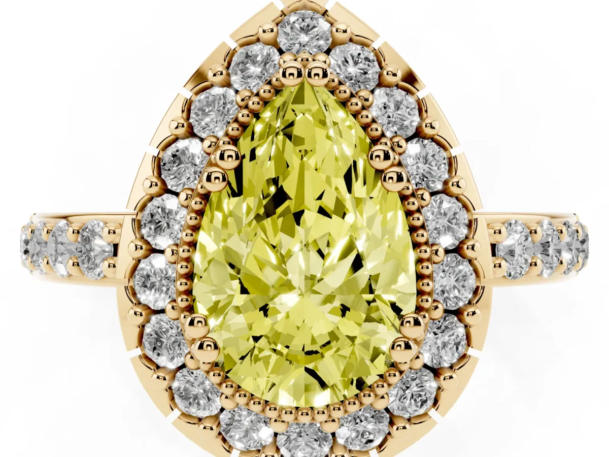 Fancy Yellow Pear Cut Diamond Halo Ring with Pavé Band and Prong Setting Yellow gold
