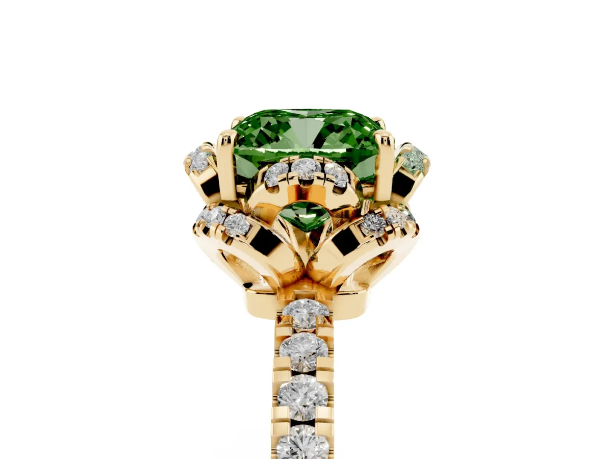 Fancy Green Cushion Cut Diamond Halo Pave Band with Four-Prong Setting Yellow gold