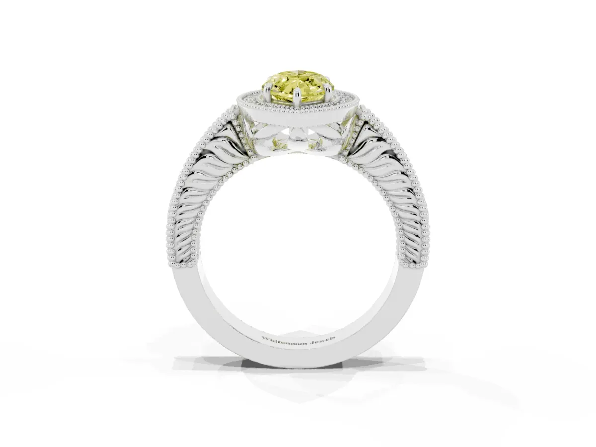 Fancy Yellow Marquise Cut Cut Halo Diamond Ring with Pavé Band and Four-Prong Setting White gold