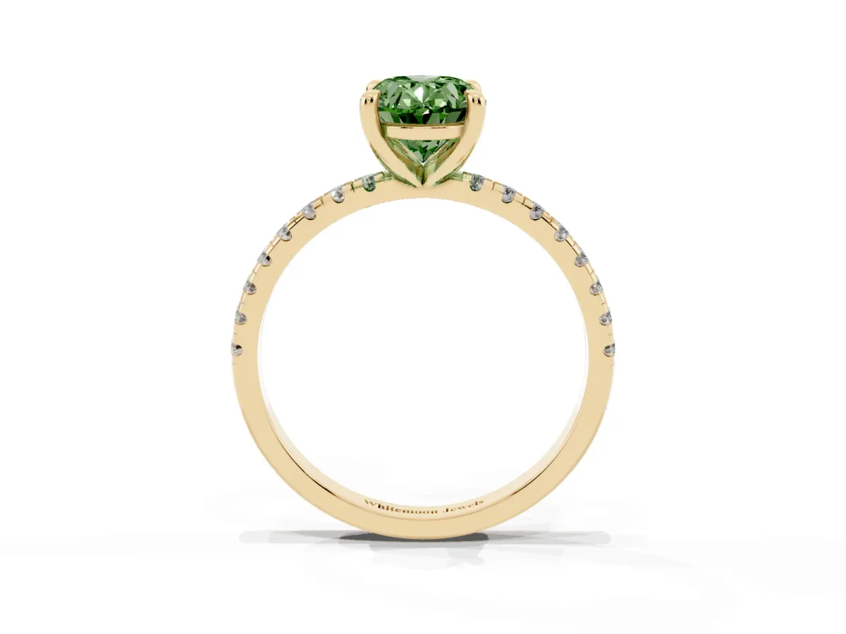 Fancy Green Oval Cut Diamond Brilliant Solitaire Ring with Pavé Band and Four-Prong Setting Yellow gold