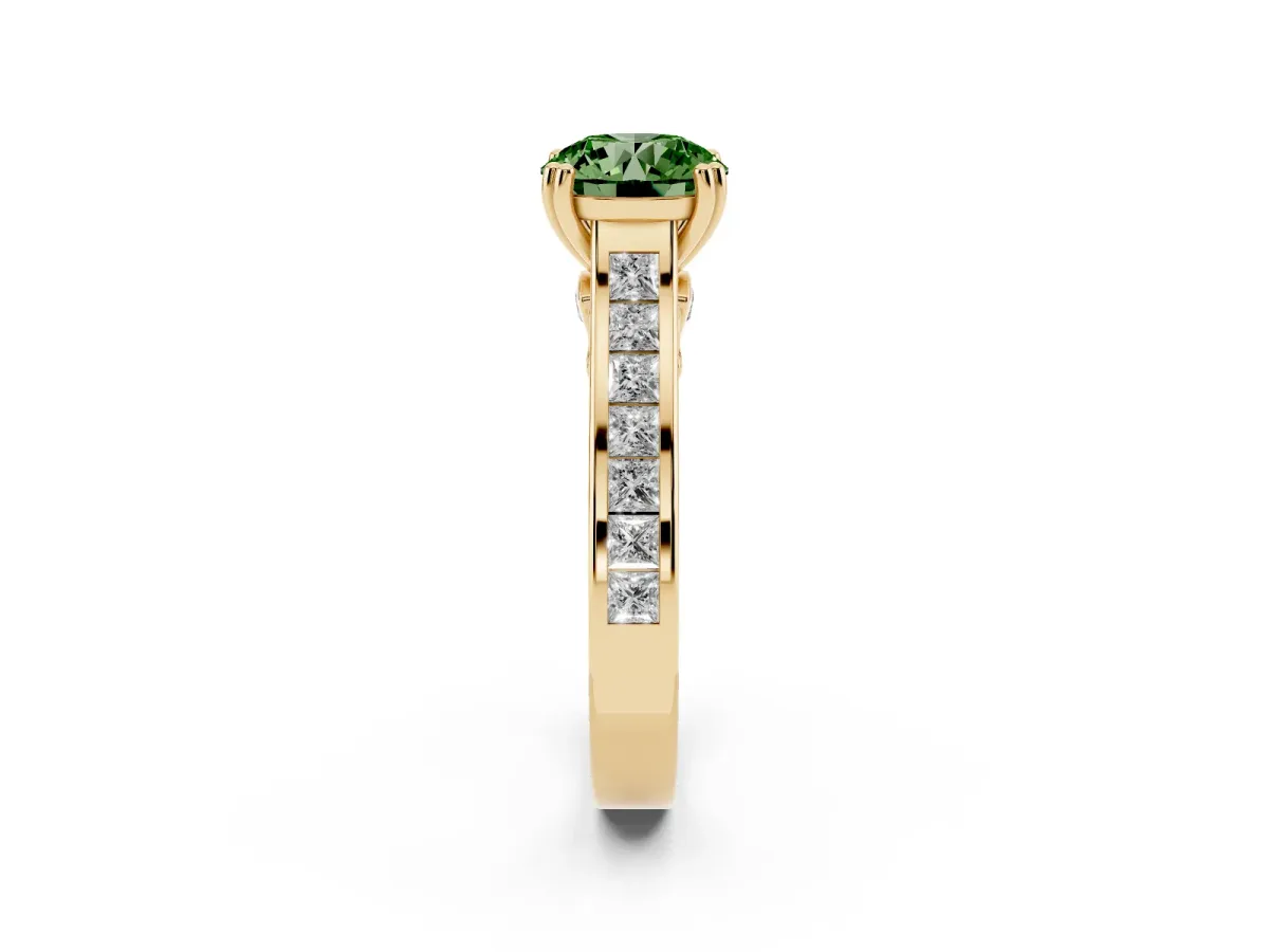 Fancy Green Round Cut Cut Channel Set Solitaire Engagement Ring with Prong Setting Yellow gold