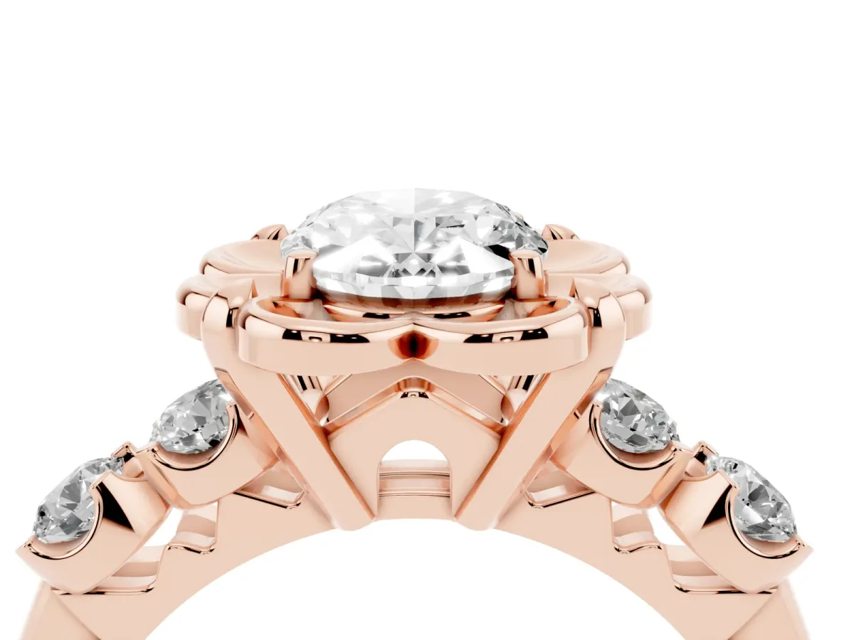 Oval Cut Cut Diamond Floral Halo Engagement Ring with Shared Prong Setting Rose gold