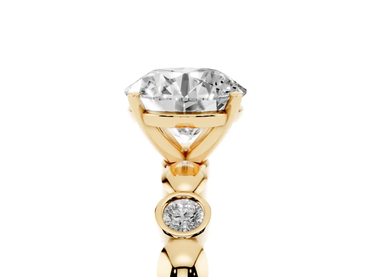 Round Cut Solitaire Bezel-Set Diamond Ring with Beaded Band and Four-Prong Setting Yellow gold