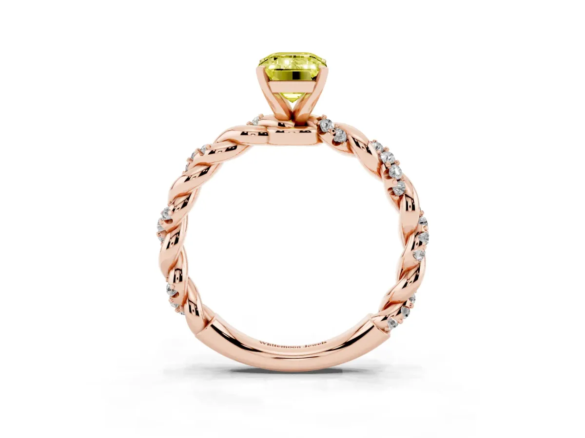 Fancy Yellow Emerald Cut Diamond Solitaire Ring with Twisted Band and Pavé Accents Rose gold