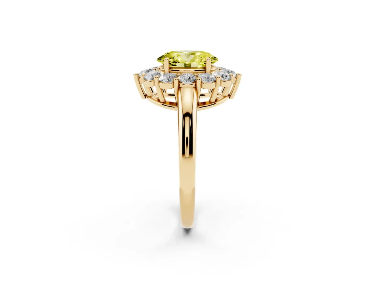 Fancy Yellow Oval Cut Halo Cluster Diamond Engagement Ring with Prong Setting and Polished Band Yellow gold