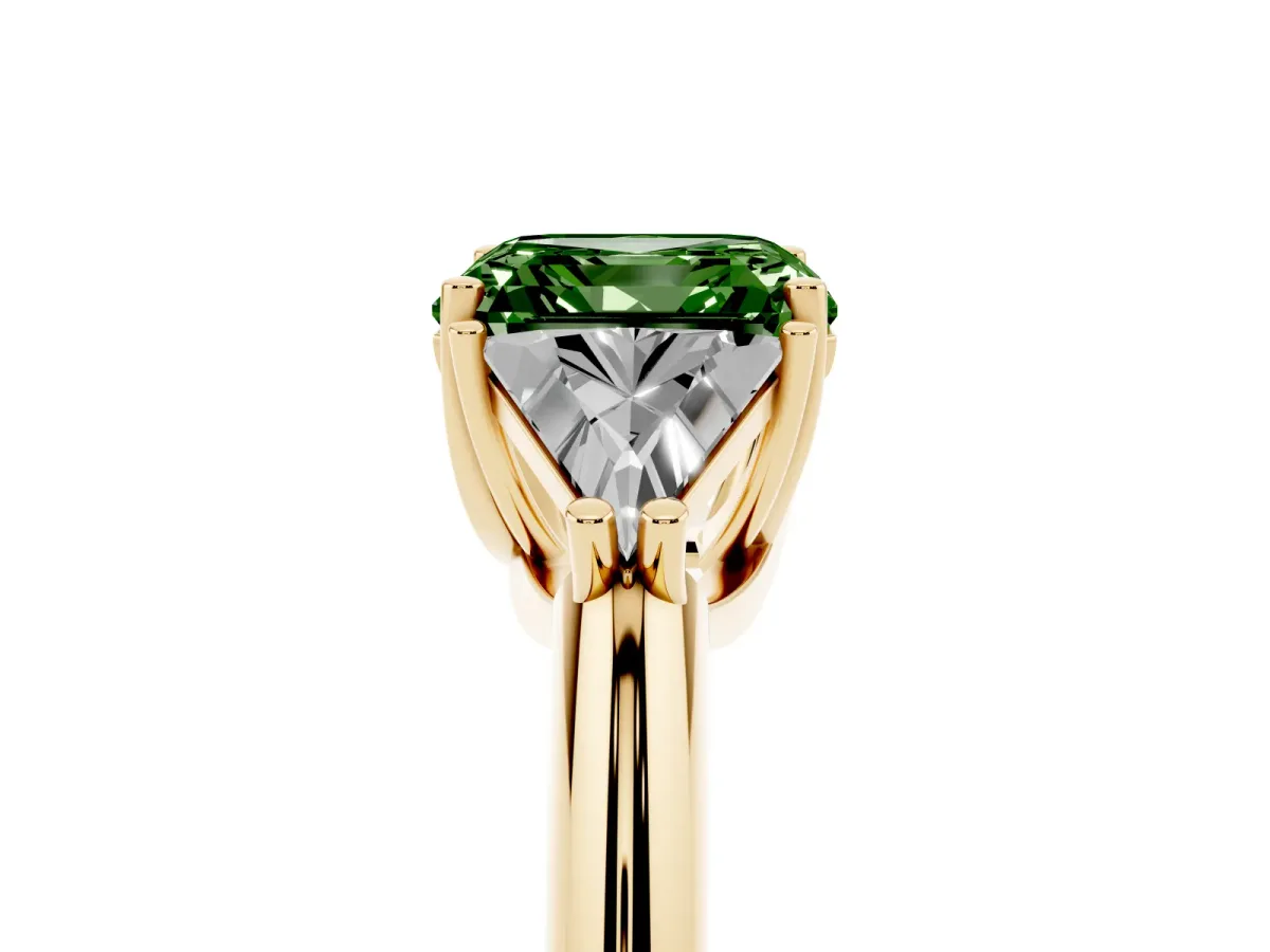 Fancy Green Three-Stone Asscher Cut Diamond Engagement Ring with Trillion Side Stones and Prong Setting Yellow gold
