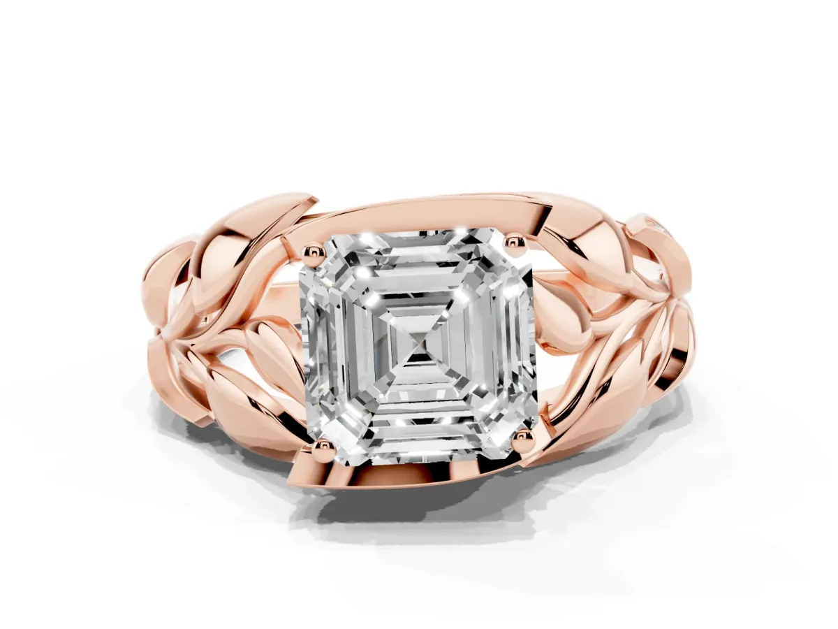 Asscher Cut Diamond Leaf-Inspired Engagement Ring with Round Accents and Prong Setting Rose gold