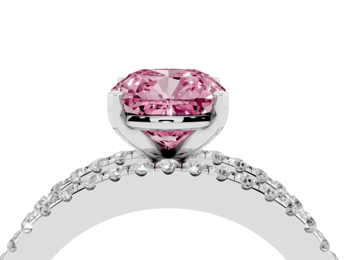 Fancy Pink Cushion Cut Diamond Solitaire Ring with Pavé and Channel Set Band Platinum