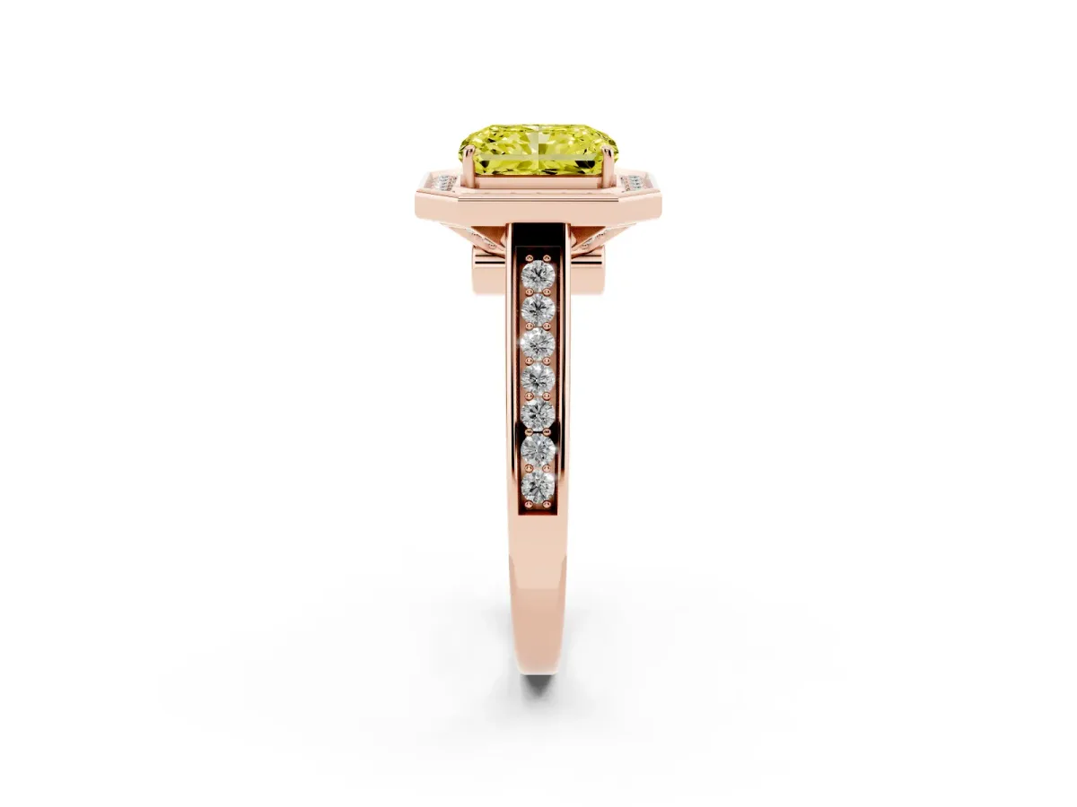 Fancy Yellow Emerald Cut Halo Solitaire Diamond Ring with Pave Band and Bezel Setting Rose gold