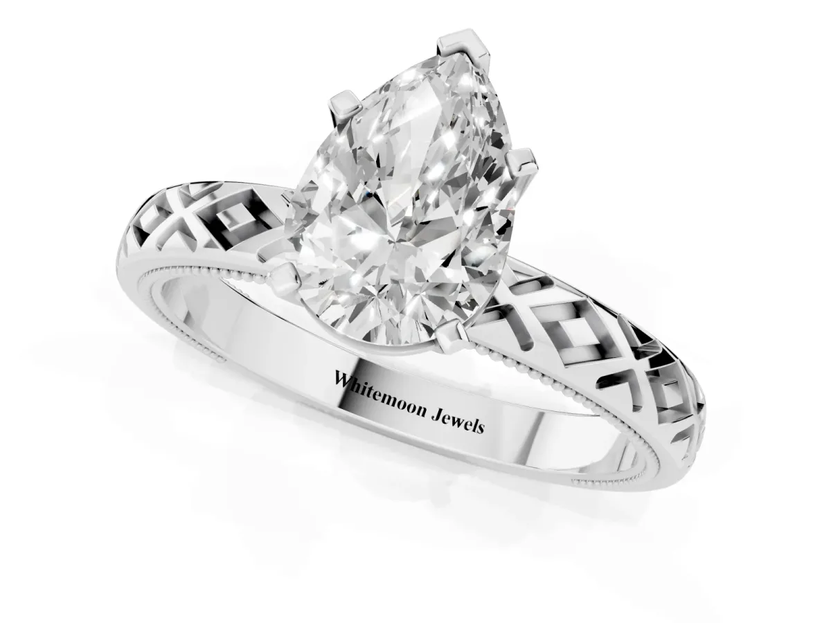 Pear Cut Solitaire Diamond Ring with Milgrain and Black Enamel X Pattern Band Silver