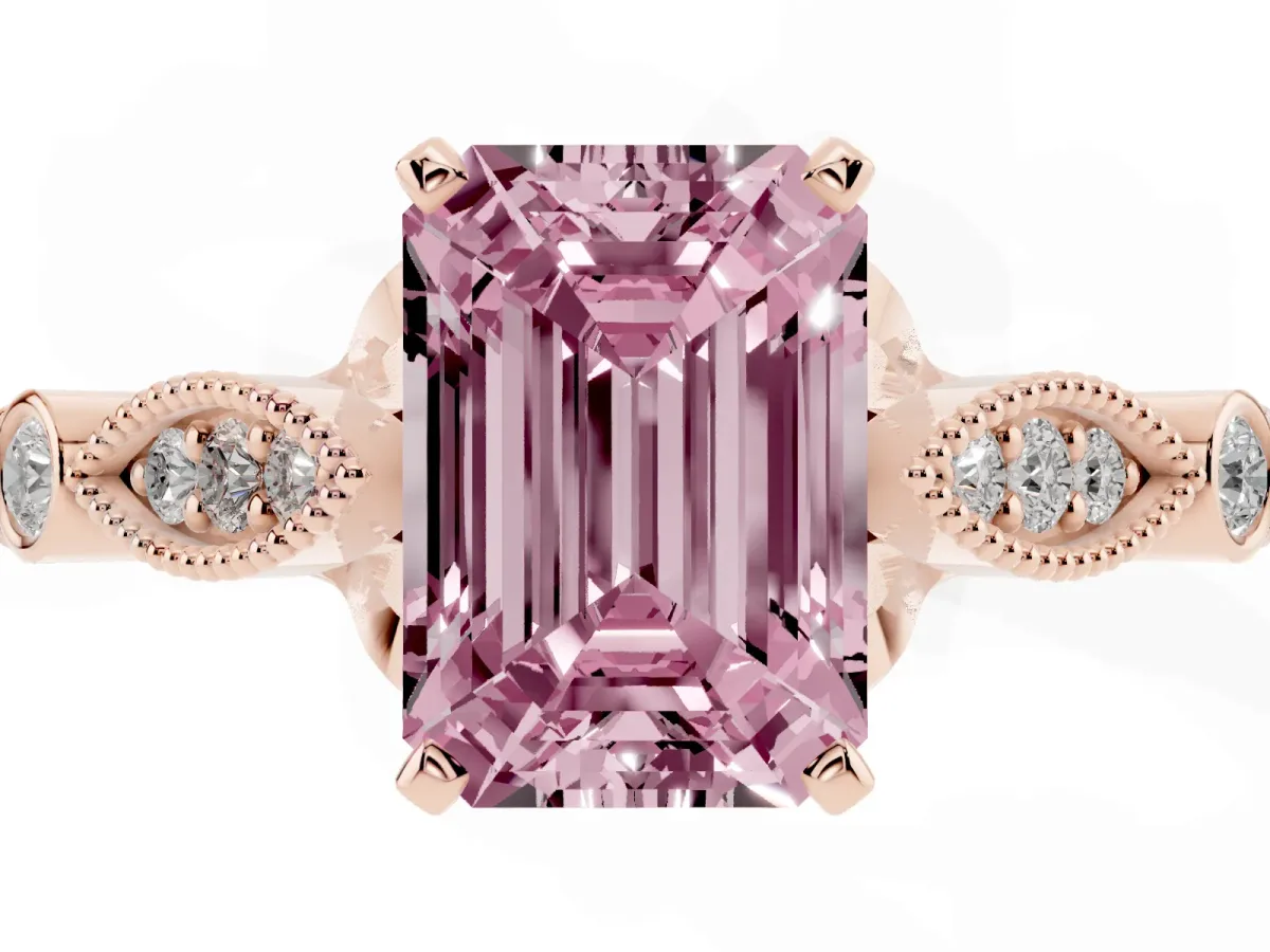 Fancy Pink Emerald Cut Cut Diamond with Milgrain Marquise and Bezel Accents on a Solitaire Band with Prong Setting Rose gold