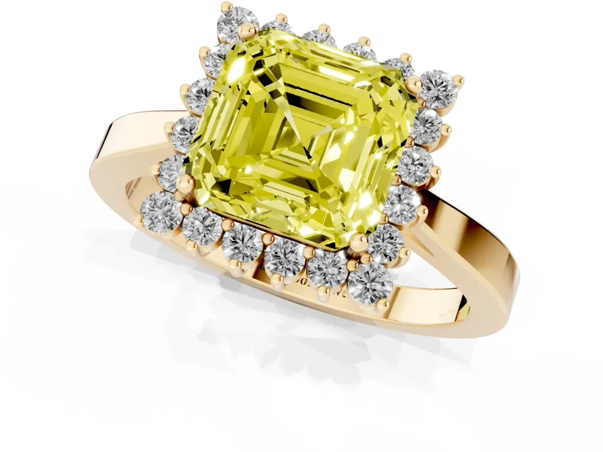 Fancy Yellow Asscher Cut Cut Diamond Halo Ring with Round Brilliant Halo and Solitaire Band Yellow gold